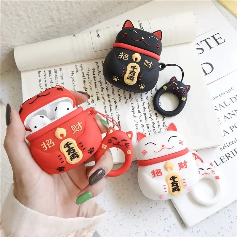 3D Cartoon Maneki Neko etui na słuchawki dla airpodów 1 2 3 słodkie Lucky Cat etui na słuchawki iPhone dla AirPods Pro silikonowe etui