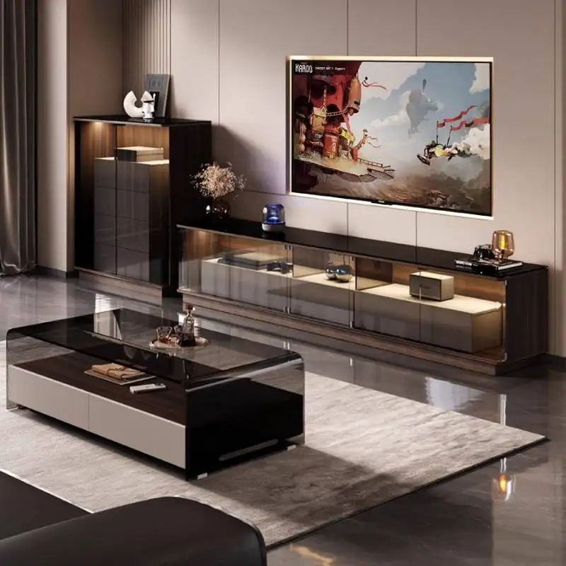 خزانة تلفزيون زجاجية إسكندنافية بتصميم تخزين أسود للشقق خزانة تلفزيون لغرفة المعيشة عرض فاخر أثاث منزلي من Fernsehr Schrank #1