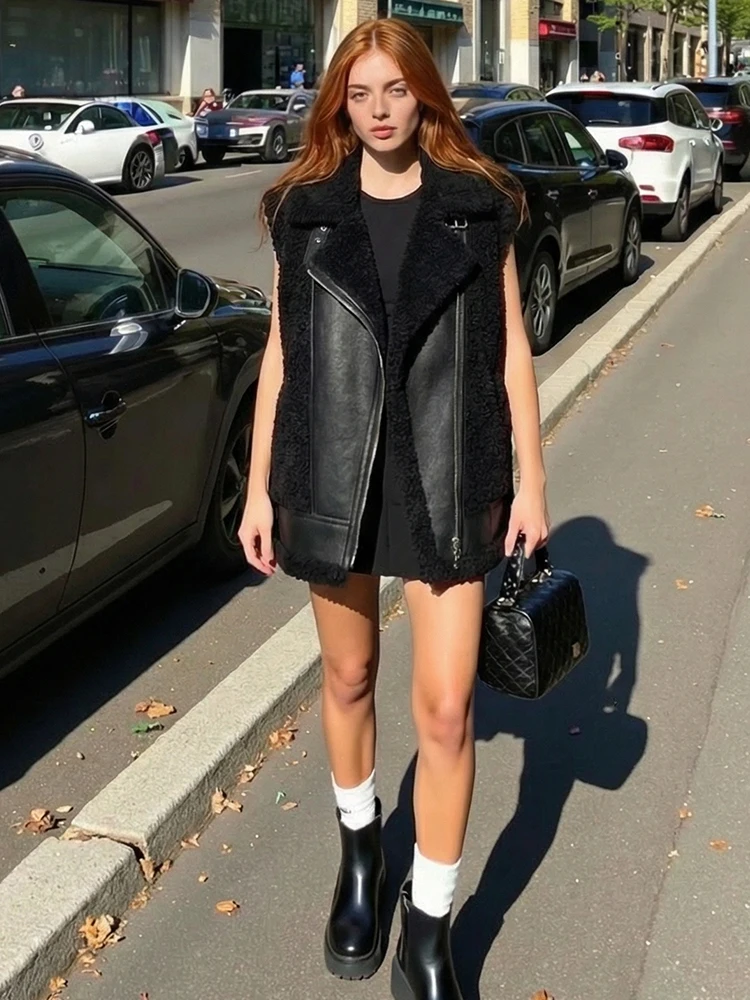 

HH Fashion Women Black Faux Fleece Leather Splicing Vest Coat Elegant Sleeveless Lapel Zipper Waistcoat Lady Chic Streetwear