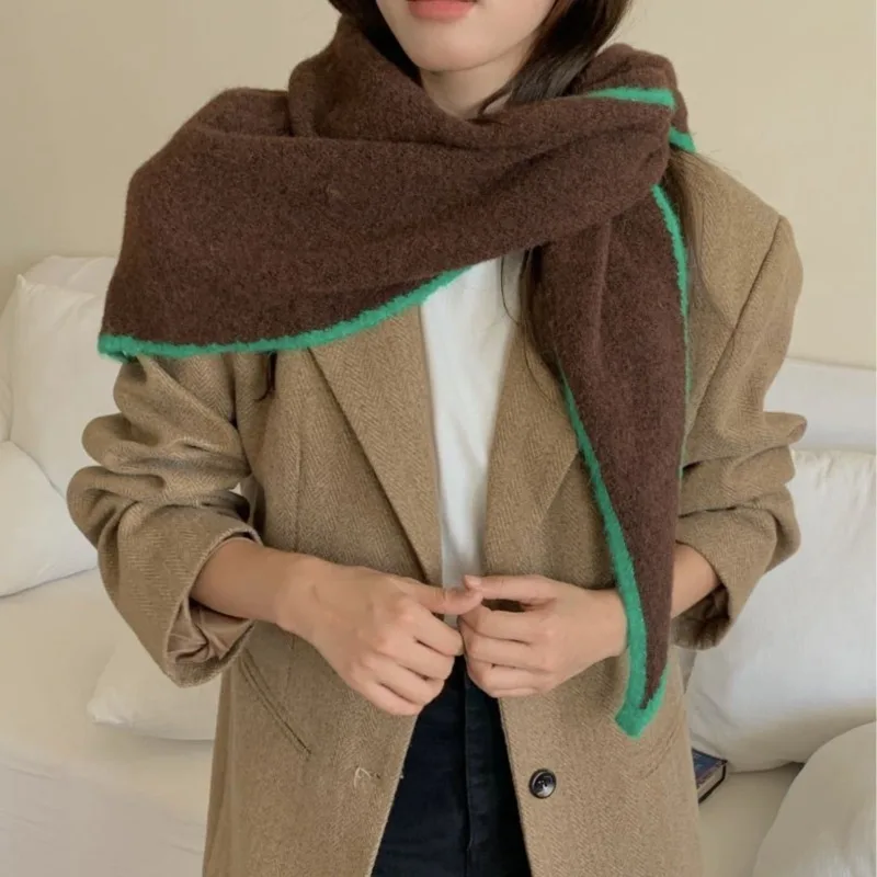 

Корейская версия осенне-зимнего шарфа-треугольника из новой шерсти, универсальный теплый вязаный шарф, шаль-накидка для кондиционированных помещений.