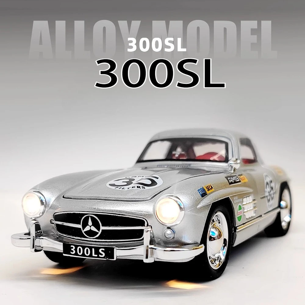 1:32 스케일 300SL SLR 772S 미니어처 모델 장난감 다이캐스트 합금 자동차 도어 개폐 사운드 라이트 후진 자동차 어린이 선물용