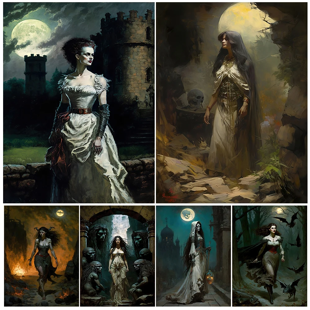 

Lilith Demon Goddess & Bride Frankenstein wall art Zombie Queen & Santa Muerte art poster print Magic Witchcraft Fantasy poster