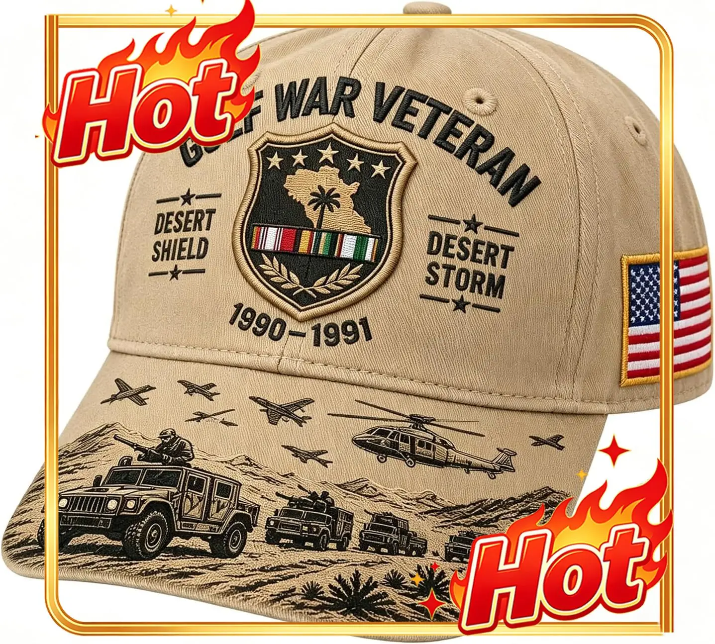 Custom Gulf War Veteran Desert Shield & Desert Storm Commemorative Cap, Adjustable Veteran Baseball Cap