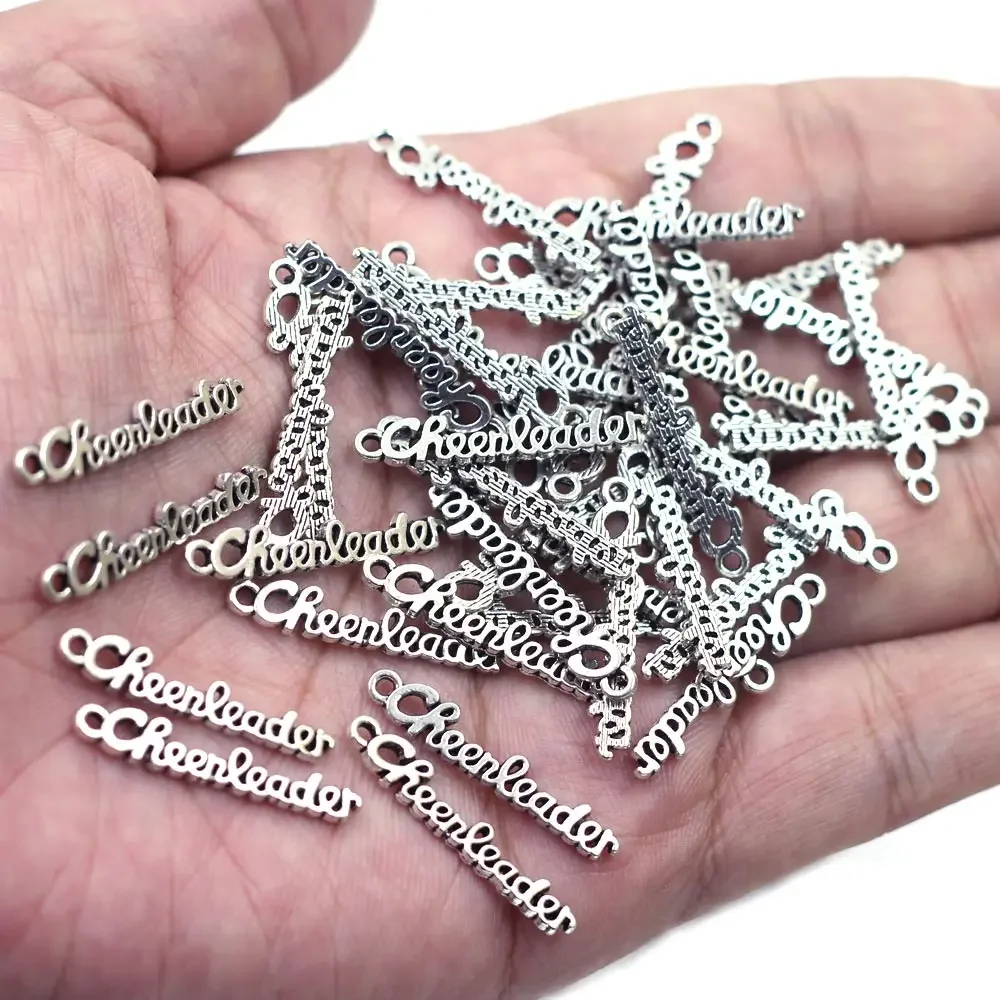 150Pcs Pendants Letters Cheerleader Carved Hollow Silver Tone For Charm Bracelets Jewelry DIY Findings 27x5mm