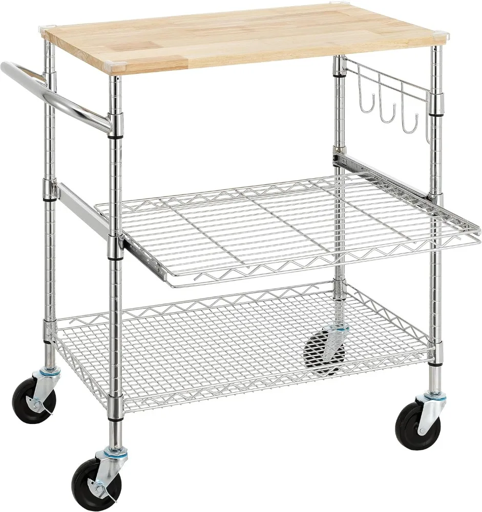 

Finnhomy 3-Tier Rolling Kitchen Cart with 18" D x 30" W Oak Wood Tabletop, Kitchen Island Cart with 4" Wheels and Slider Shelf