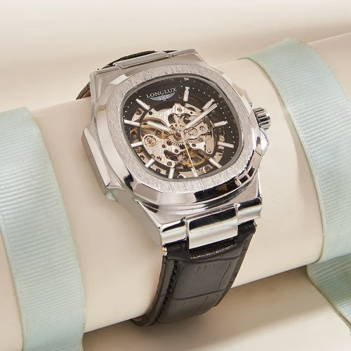 Reloj mecánico automático LONGLUX para exteriores, relojes de lujo simples, resistente al agua, barato, venta al por mayor, reloj de cuero esqueleto para hombre, regalo
