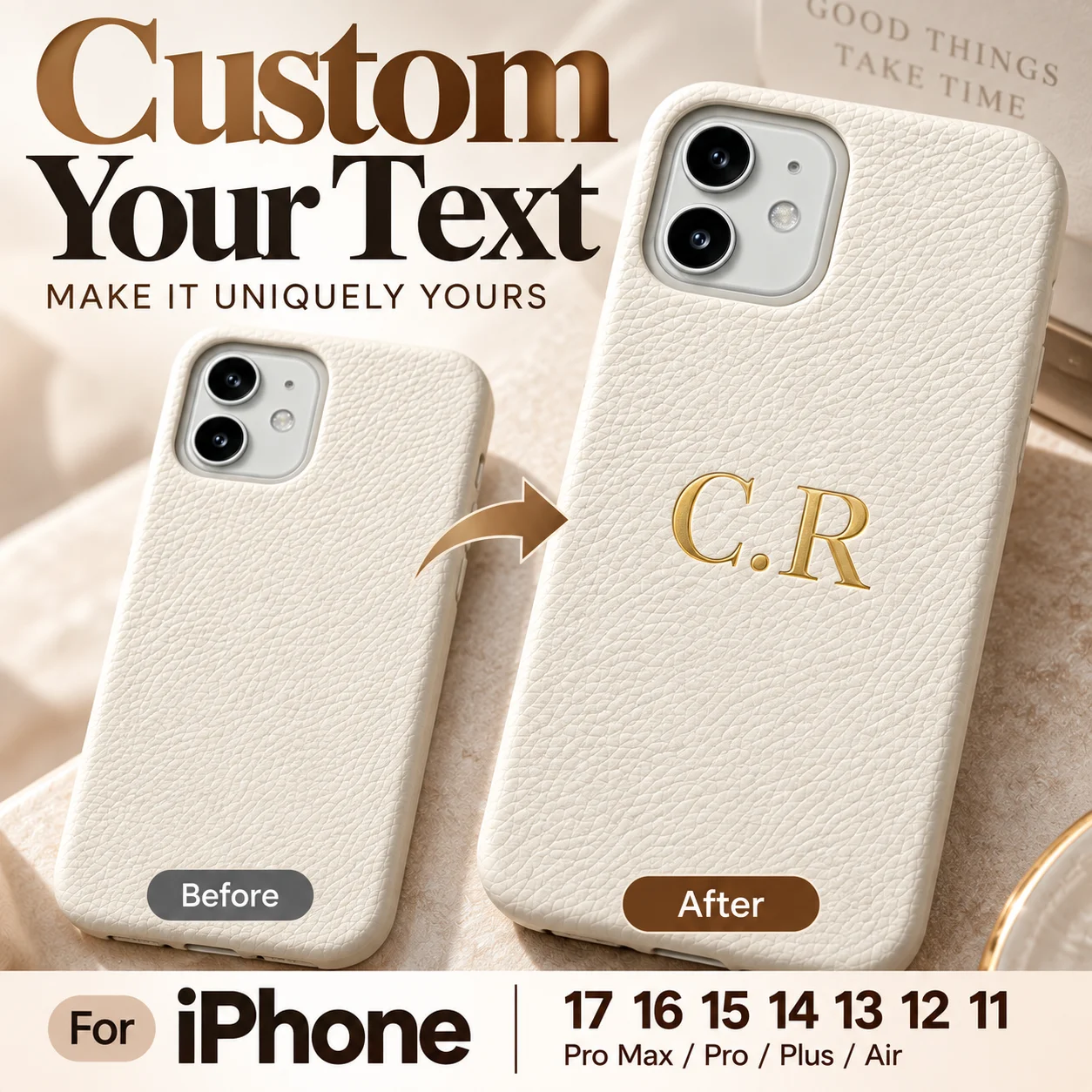 Personalized Custom Text Leather Texture Slim Case For iPhone 18 17 16 15 14 13 12 11 Pro Max Pro Plus Air Shockproof Cover