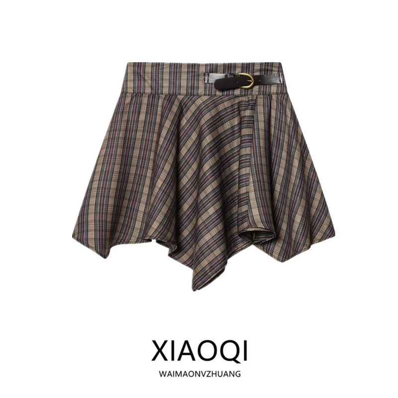 High Waist Asymmetric  Skirt with Strap Spring Summer New Arrival Women's Fashion Checkered Belted Skirts Ladies Premium