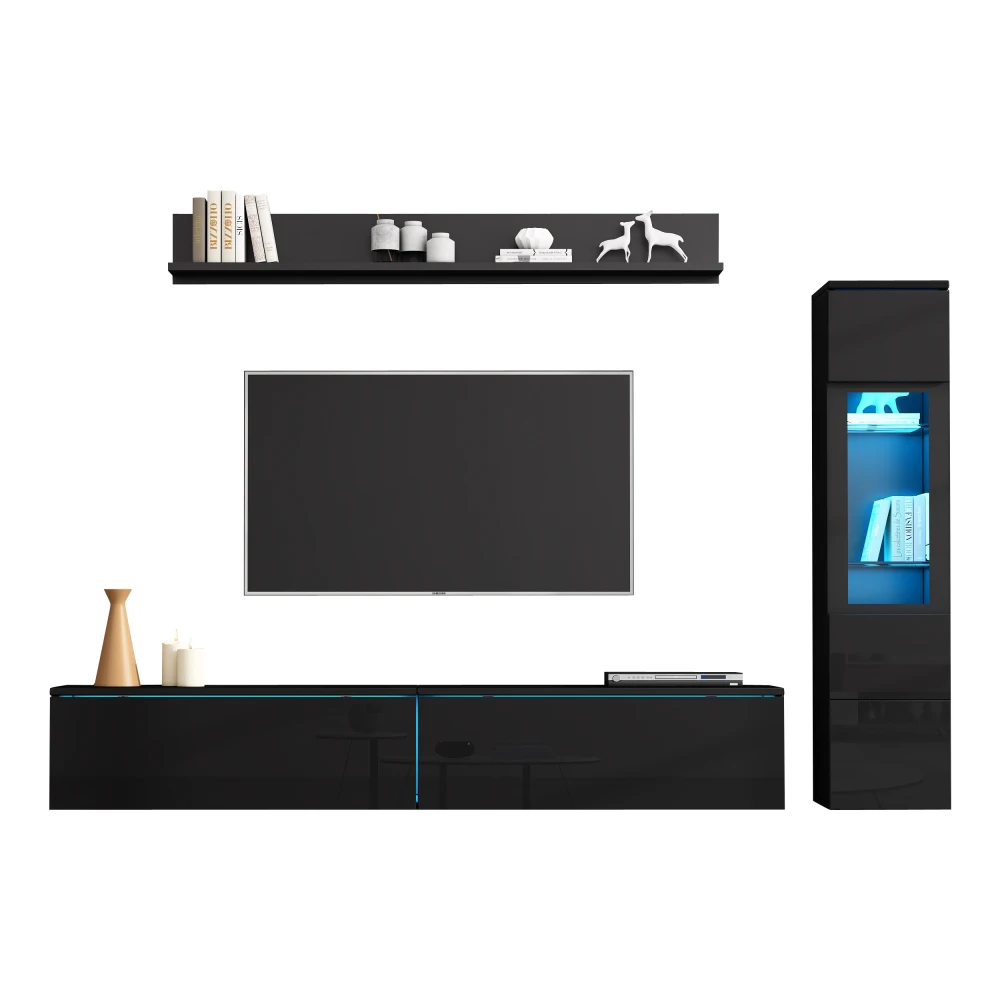 3-teiliges TV-Wohnzimmer-Wandset mit LED-Beleuchtung, Hochglanz-Möbelset, TV-Schrank, Vitrine und Hängeregal, für Fernseher bis zu 80 Zoll – Detail 24