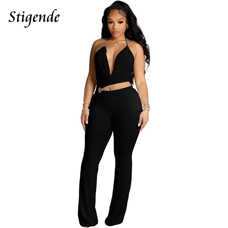 Stigende Sexy Backless Cut Out Jumpsuit Women Halter Neck Flare Leg Irregular Jumpsuit
