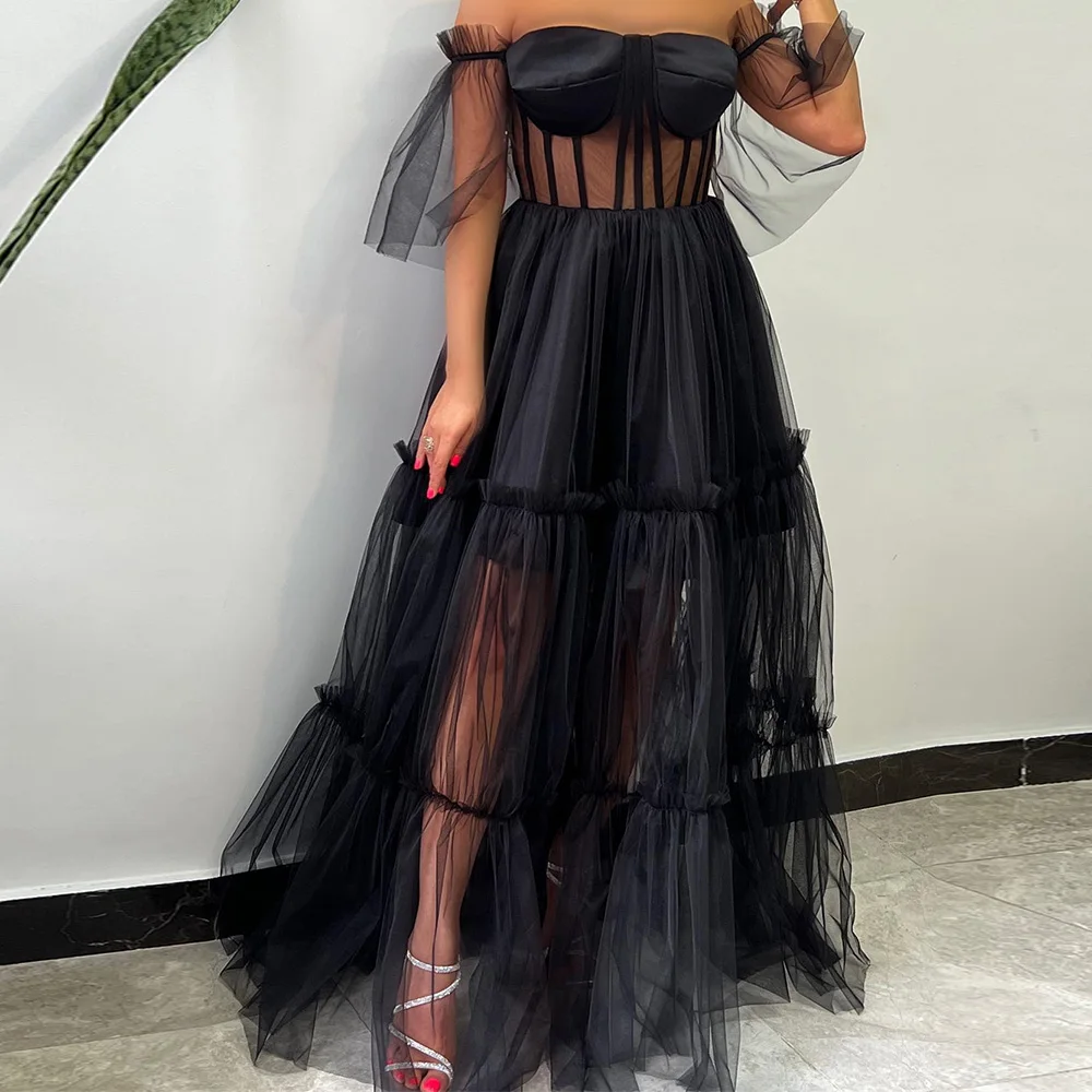 

A-Line Sweetheart Off the Shoulder Organza Half Sleeves Fashion and Sexy Evening Dresses Tiered Pleats Tulle Backless Open Back