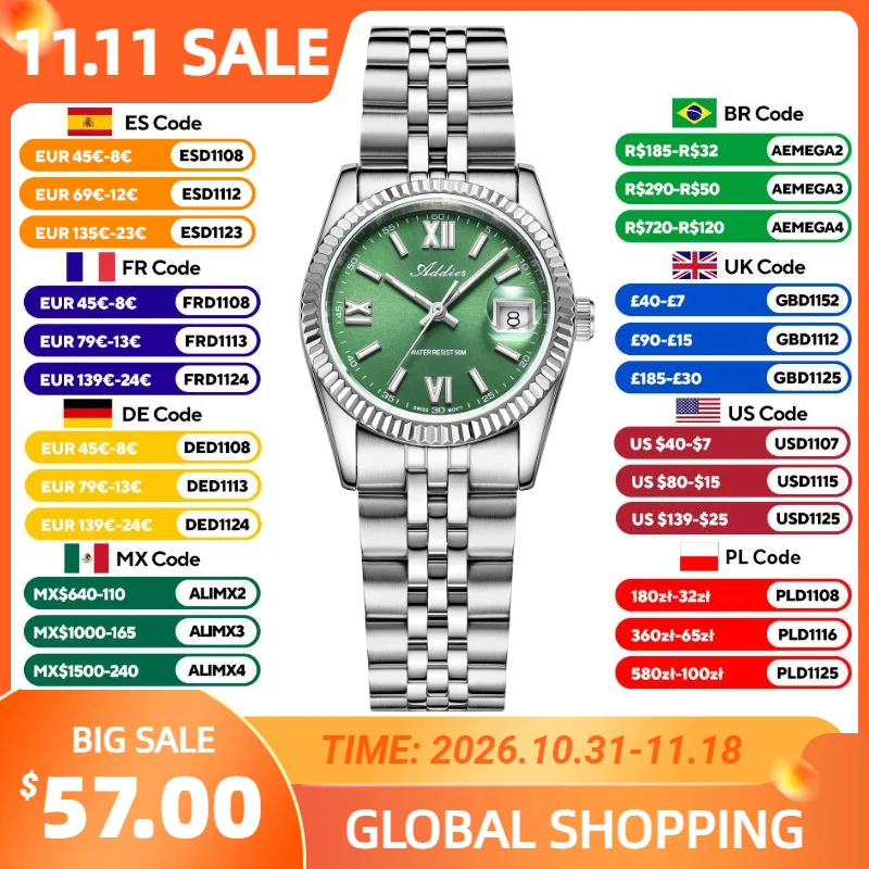 Addies High Quality Luxury Watch for Women Sapphire Glass 316L Stainless Steel BGW9 Luminous 50m Waterproof Ladies Quartz Watch