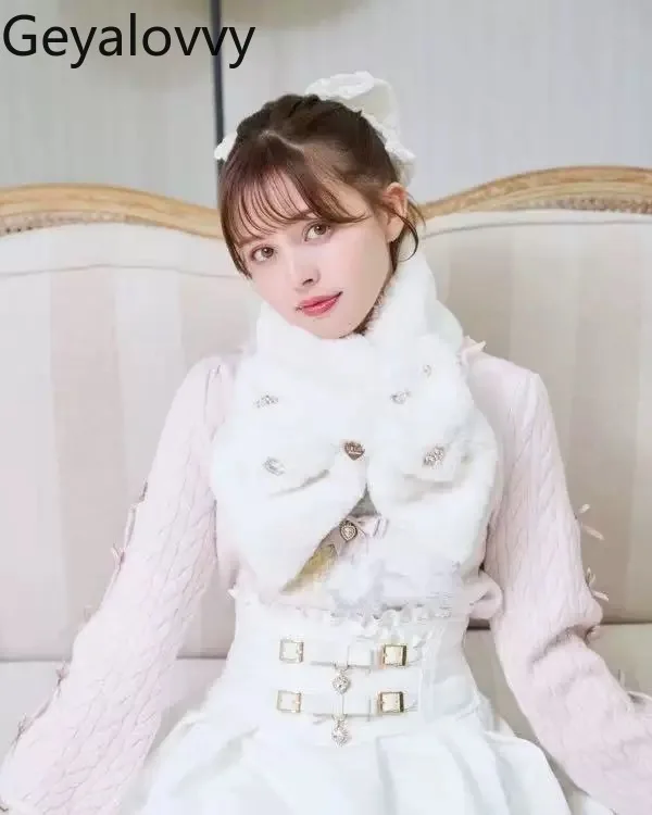 

Новый зимний пушистый шарф с бантом в стиле Лолиты, милые милые шарфы для девочек, универсальные однотонные теплые шарфы с бисером для женщин