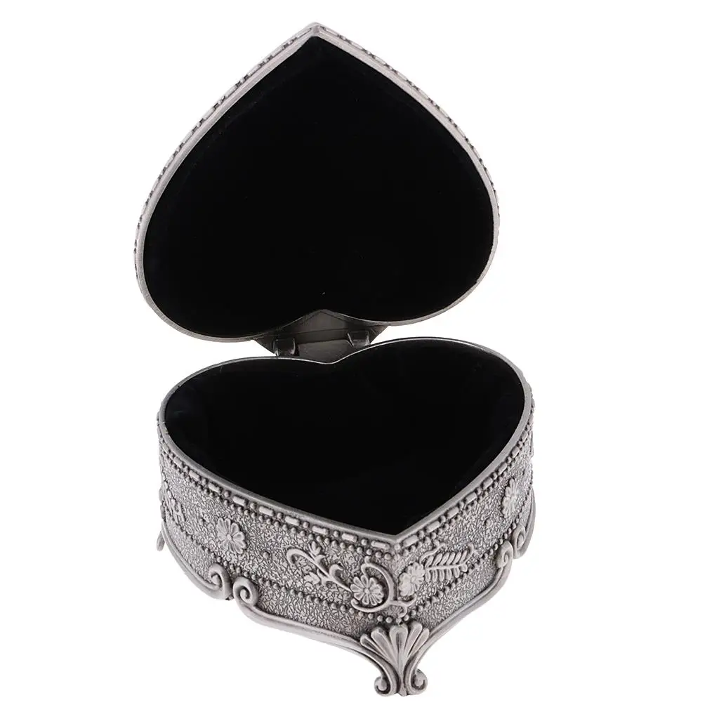 Antique Silver Jewelry Box Heart Design Filigree Casket Organizer for Dresser Bookshelf Bedroom Decoration