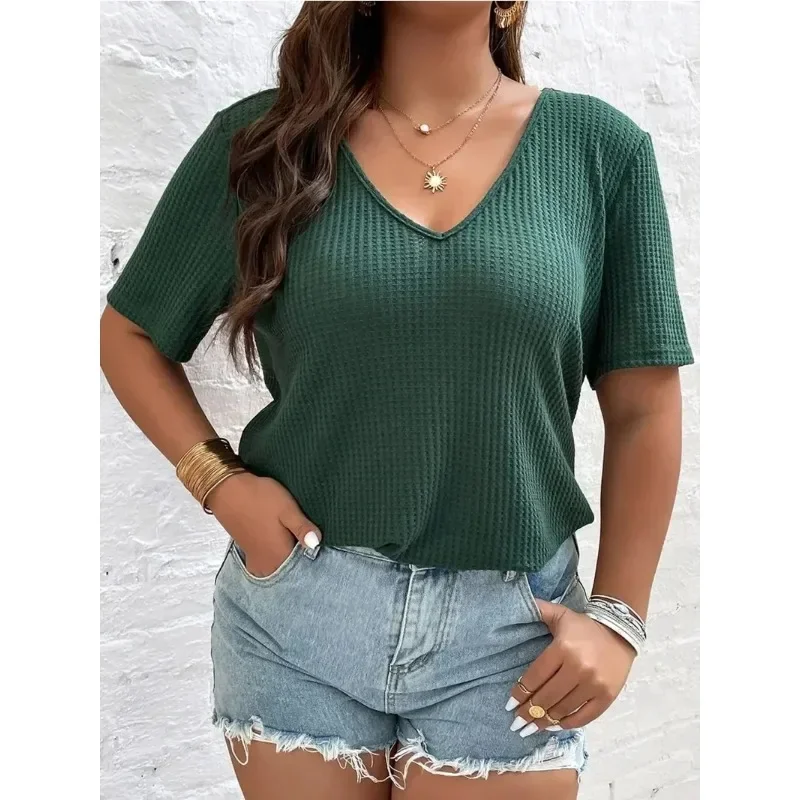 

Plus Size Women's 1XL-5XL Fashionable Solid Color Short Sleeve Top Ladies Casual Knitted Short Sleeve V-neck T-shirt