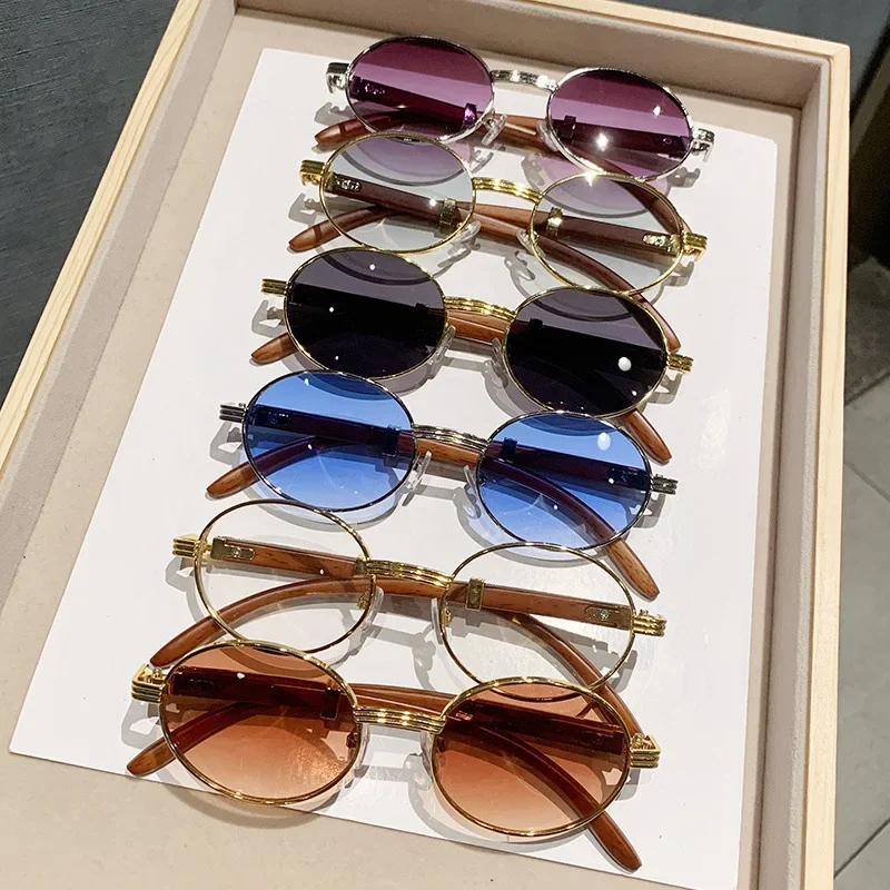 Retro Women Instagram Sunglasses Wood Grain Leg Oval Frame Sunglasses Sun Shading Sun Protection UV Protection Sunglasses