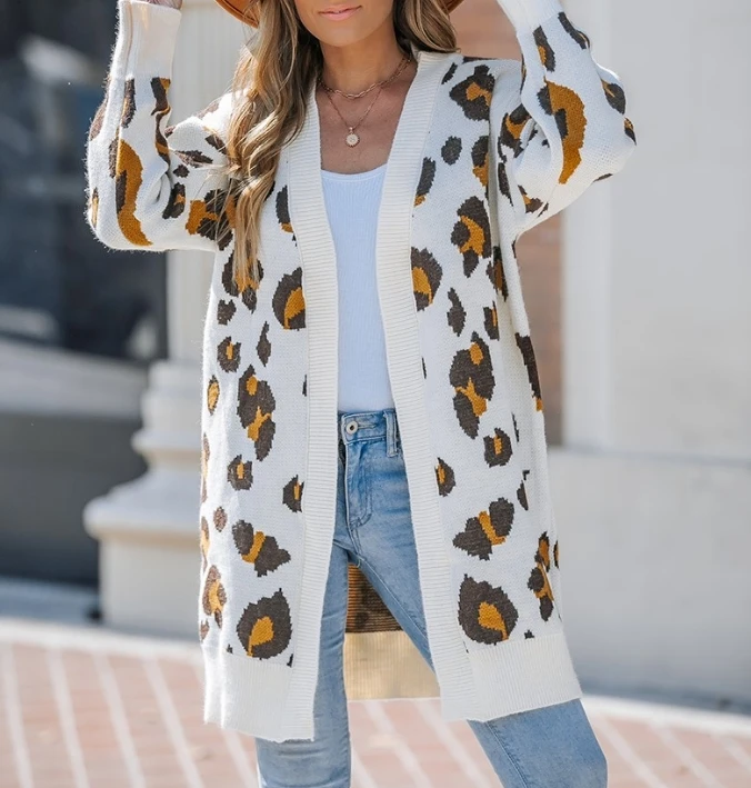 Overized Sweaters Cardiagns for Women Winter Leopard Pattern Longline Knit Cardigan Bohemian Slim Batwing Sleeve Warm Midi Coat