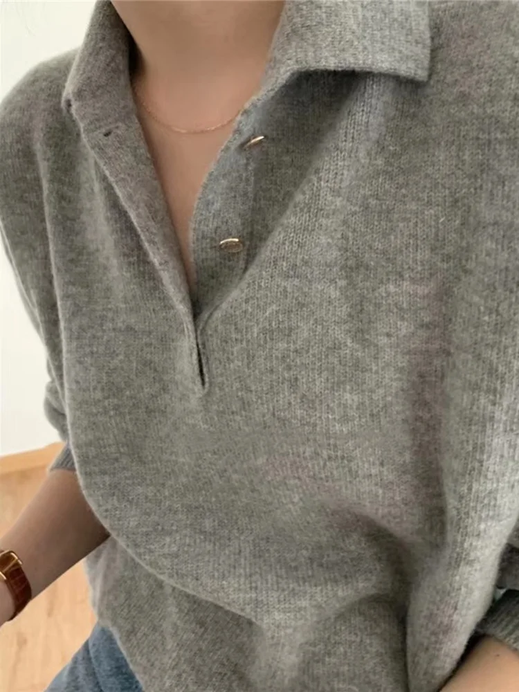 Pull en cachemire à col polo pour femme, tricots vintage français, pull gris ample et polyvalent, base en laine décontractée, automne et hiver