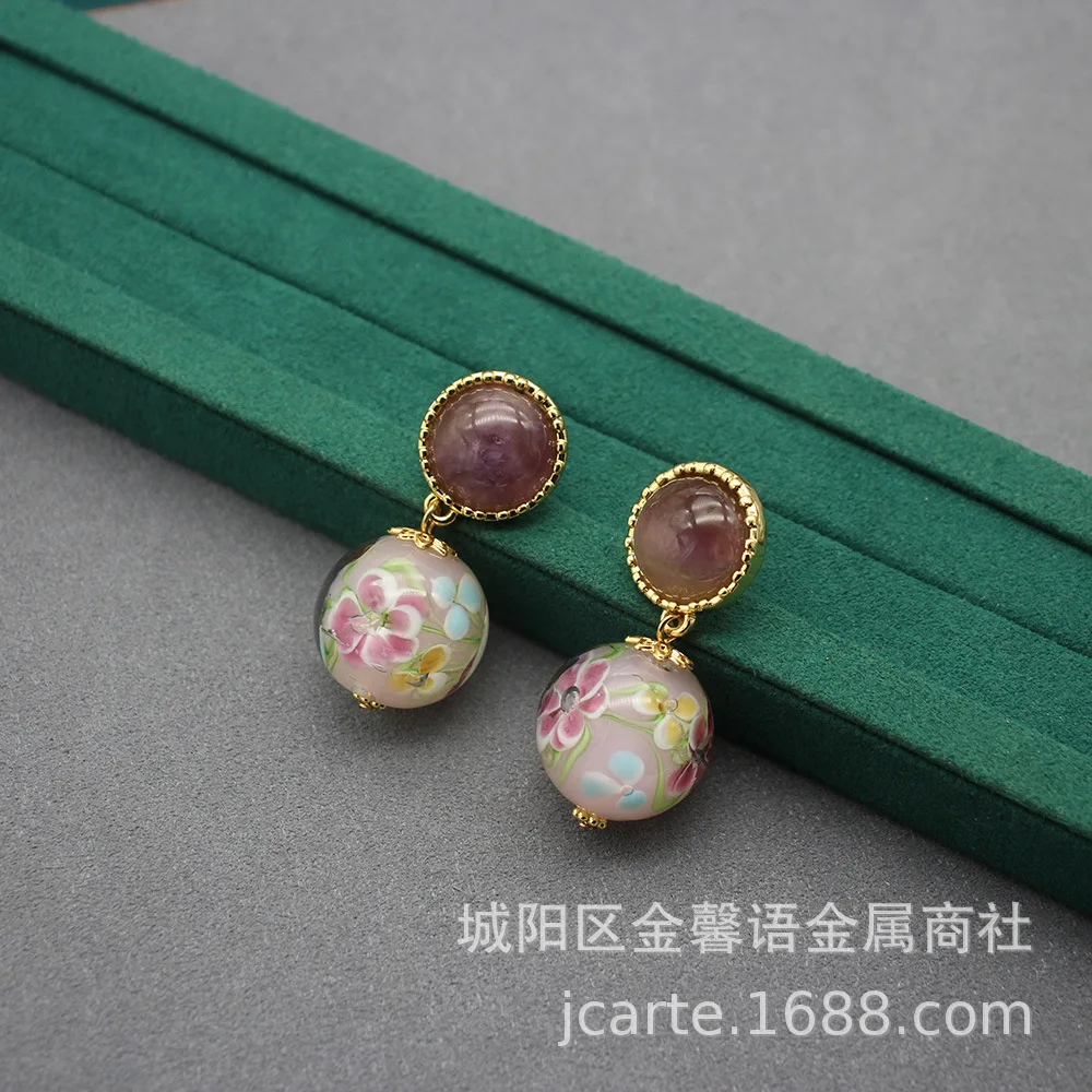 Glazed Pink Cherry Blossom Glazed Earrings Amethyst Earrings Niche Style Design Simple Earrings