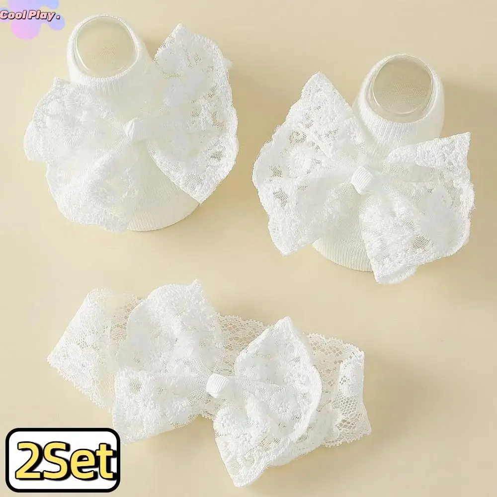 

2Set Lace Bow Baby Headband Socks Set Soft Cute Baby Floor Sock Korean Style Breathable Elastic Hair Band Boy Girl