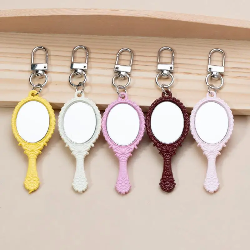 Vintage Mini Handheld Mirror Keychain With Embossed Frame Car Key Ring Bag Charm Backpacks Purses Pendant Party Gift