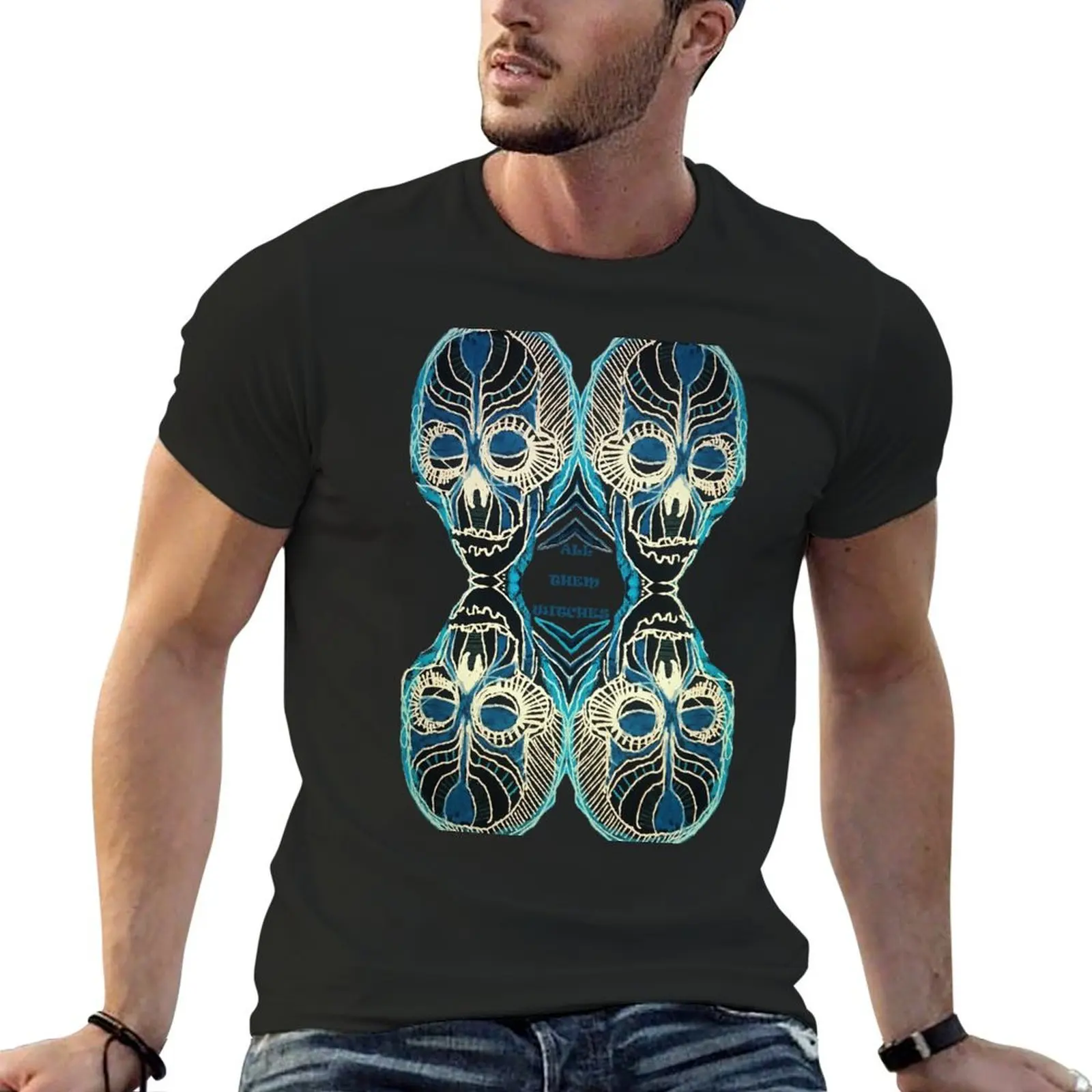 ATW. All them witches black and blue 4 skull T-Shirt korean fashion tops oversized t shirt blue archive mens funny t shirts