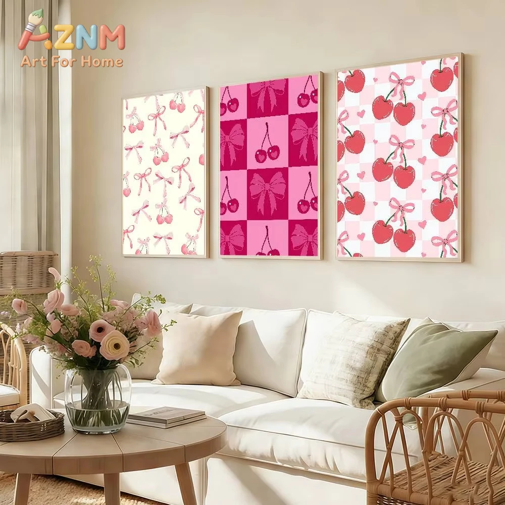 Pink Bow Cherry Poster Stickers Premium Art Print Retro Wall Decor Living Room Bedroom Home Waterproof HD Gifts