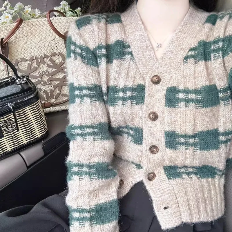 

Свободный вязаный свитер женский осенний в стиле ретро, полосатый, с цветовыми блоками, кардиган, повседневный универсальный топ, корейская версия, для работы и отдыха