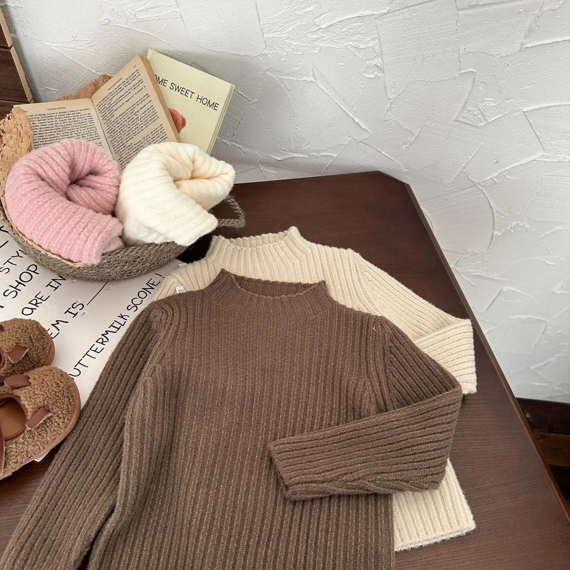 

Winter Girls Knitted Pullover Sweater 2023 New Solid Color Children Soft Sweater