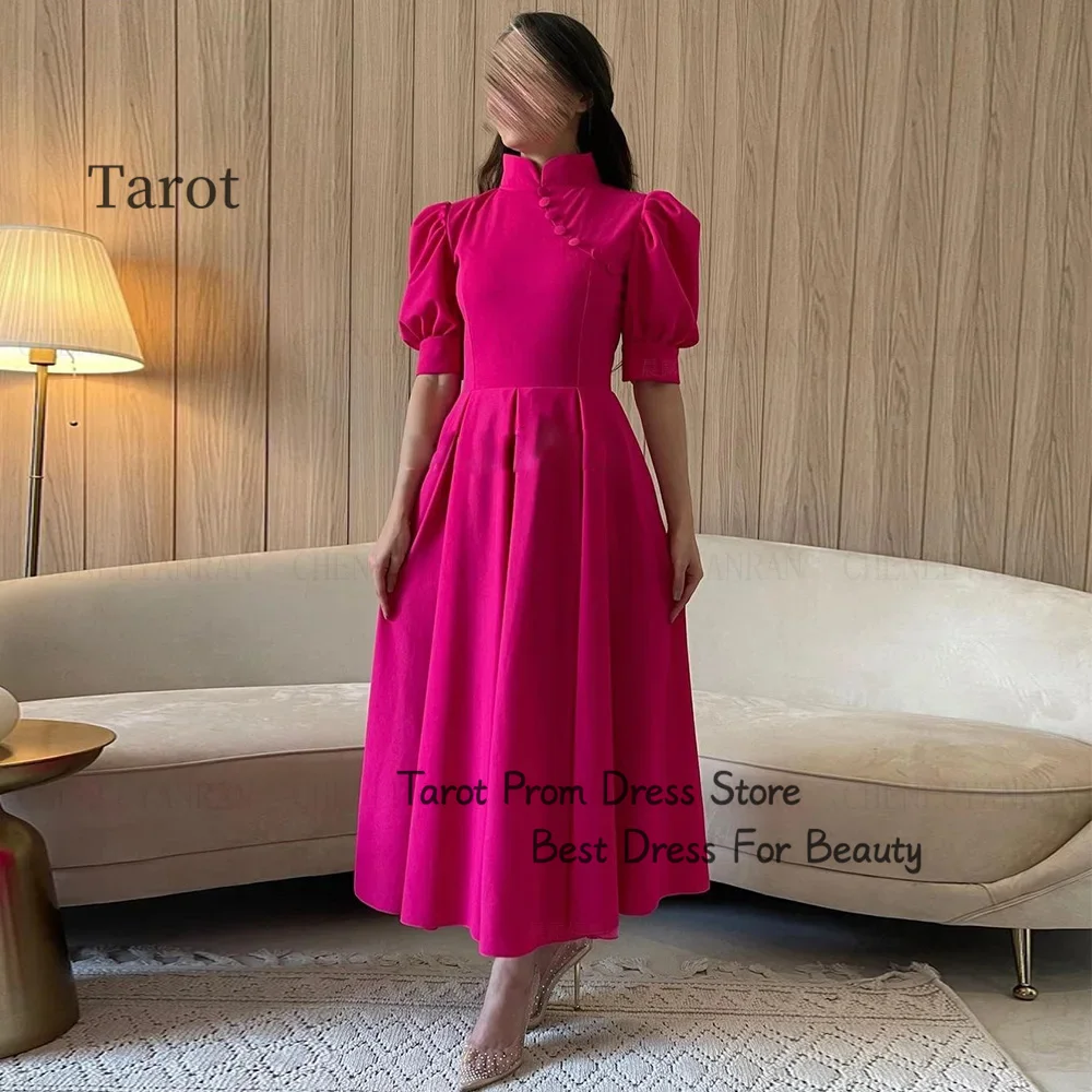 

Tarot Princess High Neckline Prom Dresses A Line Half Sleeves Vintage Women Wear Dress Button Tea Length Ruffle فساتين سهرات