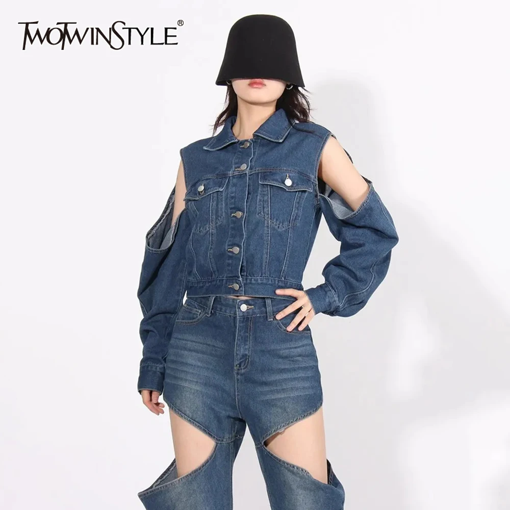 

TWOTWINSTYLE Denim Minimalist Jackets For Women Lapel Long Sleeve Hollow Out Spliced Single Breasted Autumn Coat Female Fashion