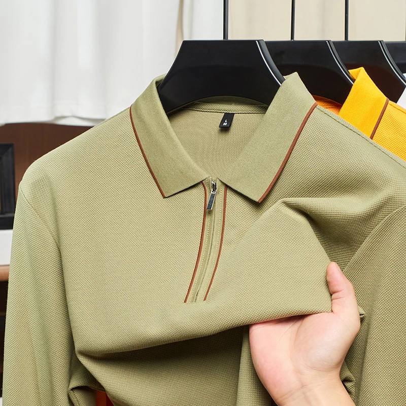 100% Cotton Men's Long Sleeve Polo Shirt Half Zipper Lapel Solid Color Autumn T-shirt Breathable Classic Casual Fashion Menswear