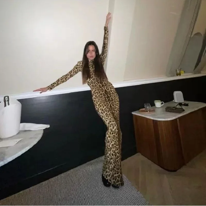 Sexy Women Leopard Long Slim Dress Ladies Long Sleeve Dress Party Club Streetwear Casual Vestidos Printed Robe 2024 NEW