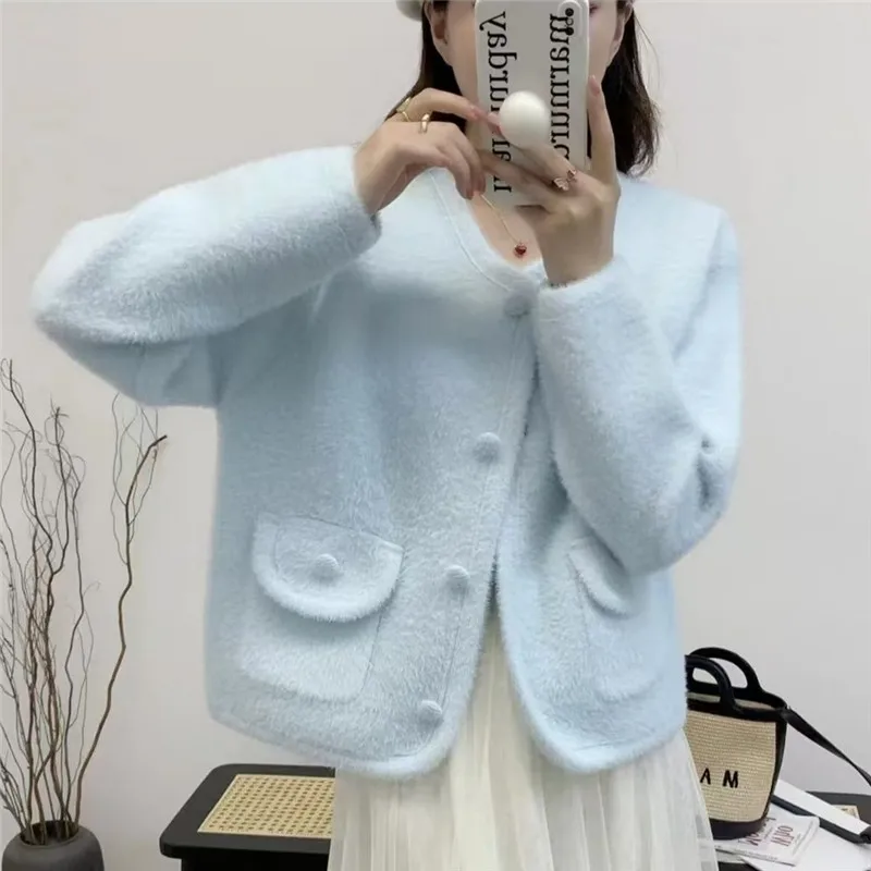 Design Sense of Women's Mink Velvet Coat 2025 Spring Autumn Female Padded Ladies Fragrance Jacket Knitted Cardigan Overcoat