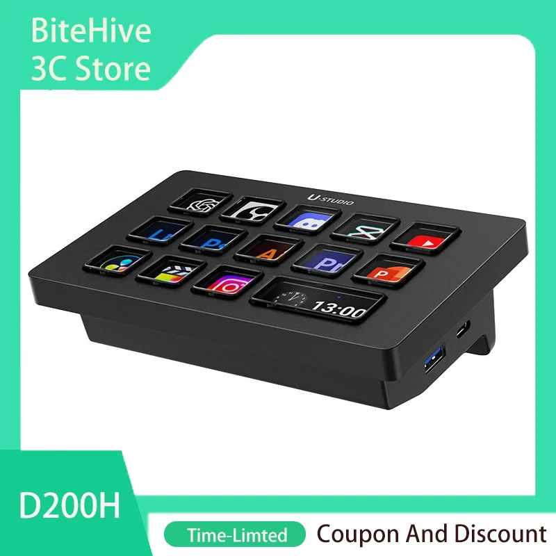 D200 7 in 1 Stream Deck Controler Keyboard USB3.0 5Gbps PC 13 LCD Keys for OBS Live Youtube Content Creation Gaming Office