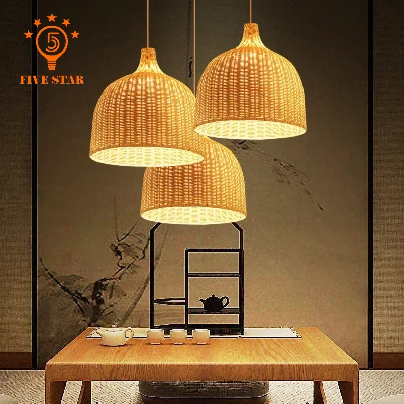 Japanese Wabi-Sabi Pendant Lights Simple Handmade Rattan Bamboo LED Ceiling Chandeliers Luminaria Teahouse Restaurant Homestay