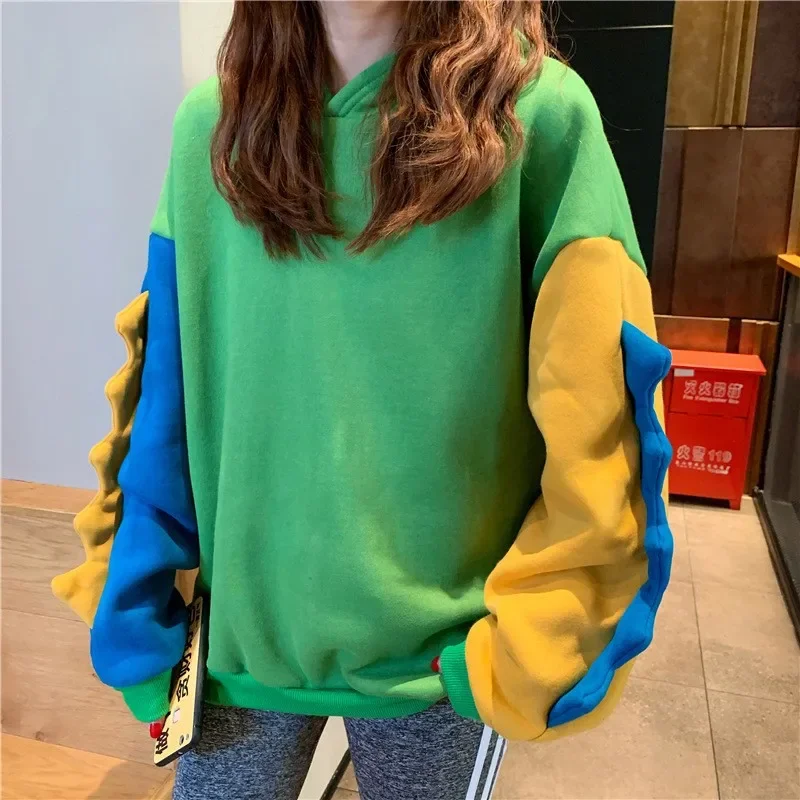 Cartoon Dinosaur Printed Hoodies Women Long Sleeves Cute Irregular Color Blocked Casual Sweatshirts Contrast Autumn Winter