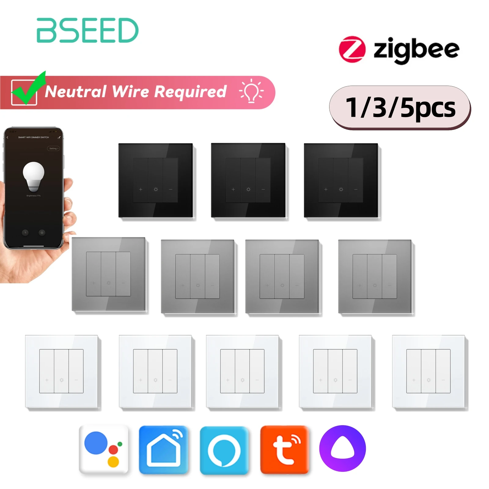 BSEED E-Serie Zigbee Dimmer-Schalter, intelligente Klickschalter mit gelber Hintergrundbeleuchtung, Glasrahmen für Tuya Smart Life Yandex APP-Schalter