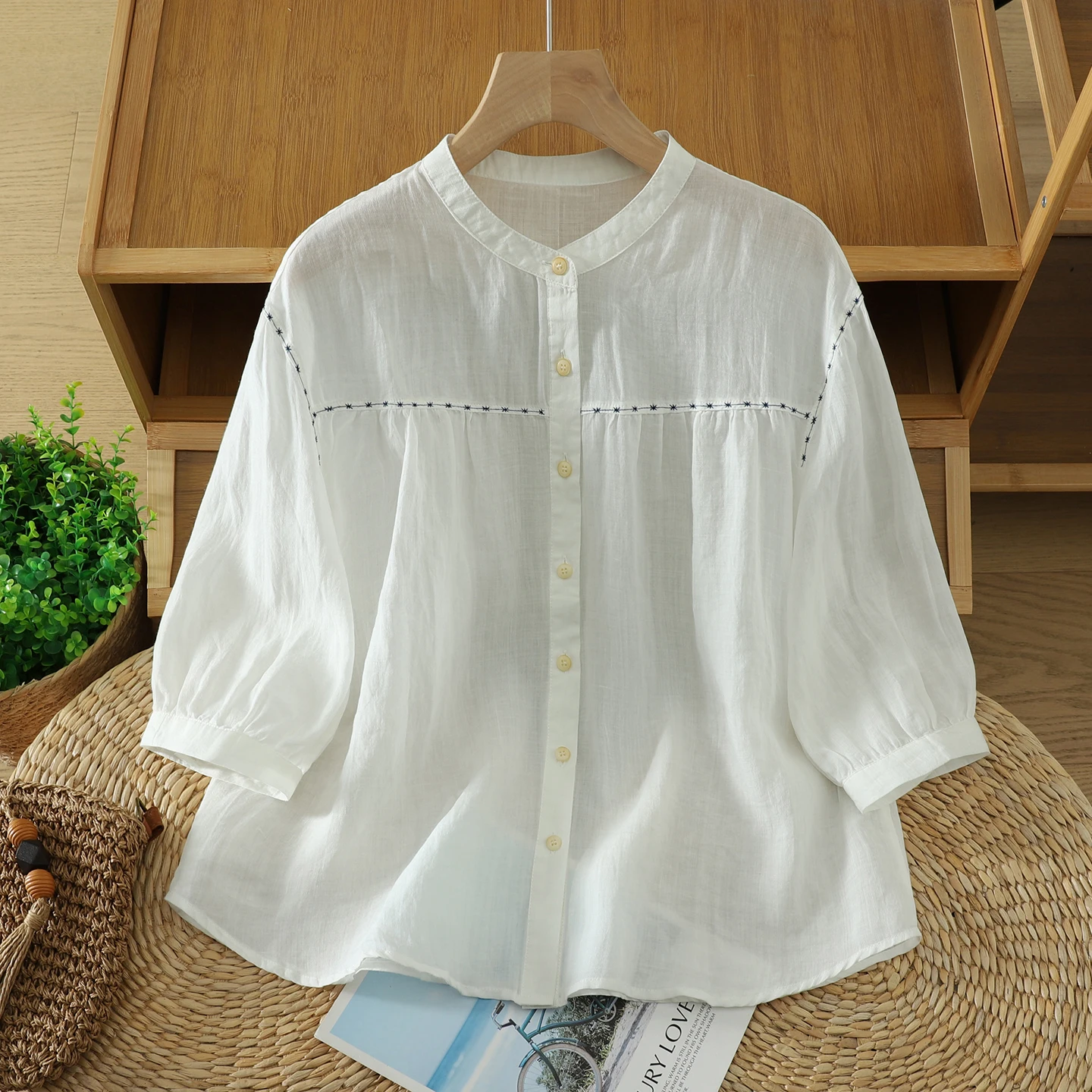 Summer Thin Cotton Linen Embroidered Shirt Loose Fitting Home Wear Beautiful Top for Women Casual Style round Neck Button down