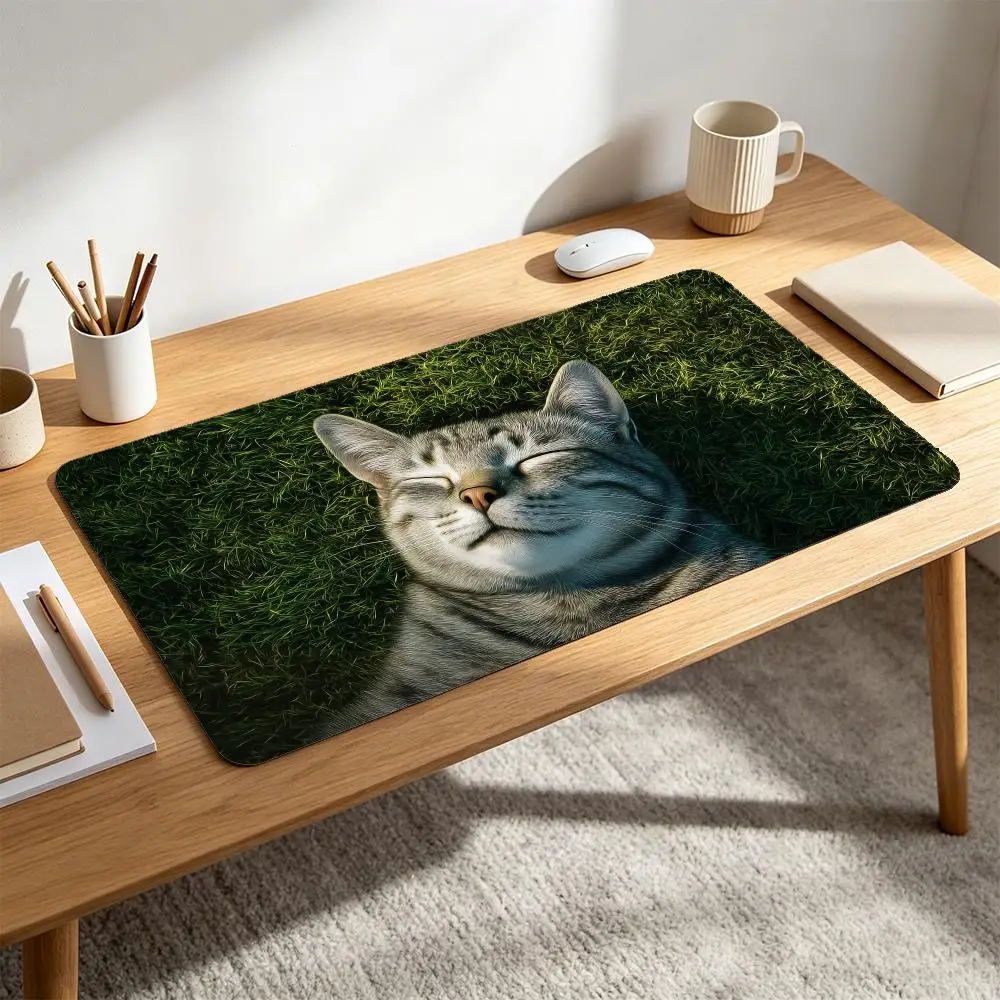 Large Realistic Tabby Cat Gaming Mouse Pad Sleeping Kitten On Green Grass Non‑Slip Rubber Keyboard tapis de souris