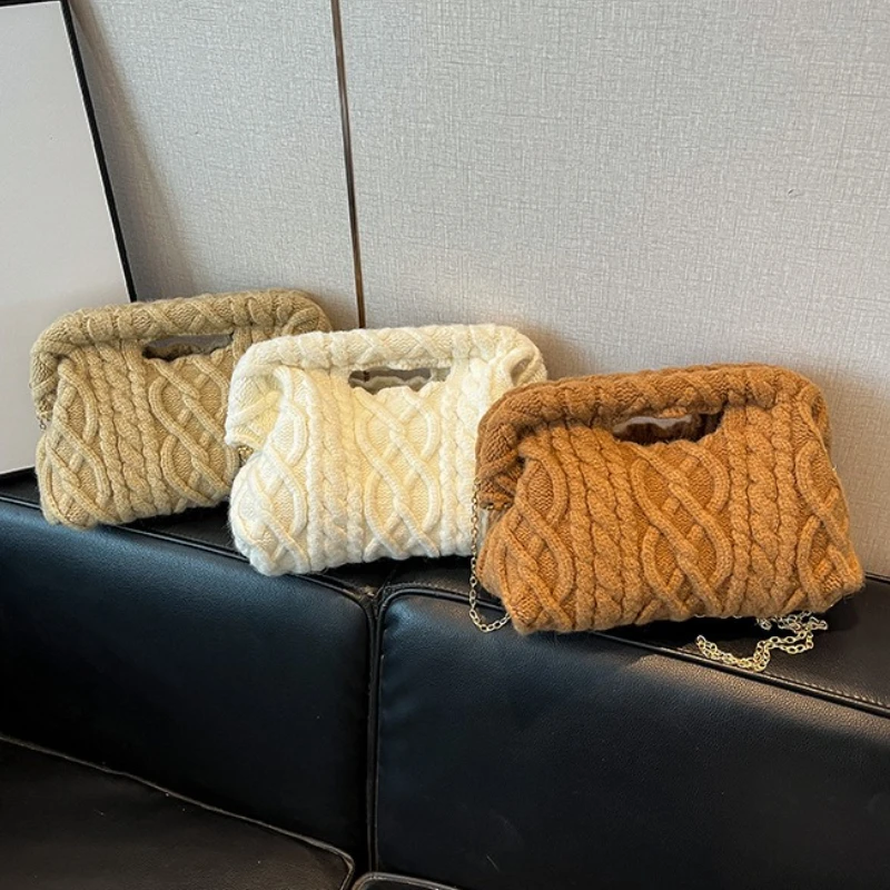 

Зимняя вязаная сумка для отдыха с верхней ручкой, женская модная сумка через плечо с цепочкой, удобная и универсальная текстурированная вечерняя сумка