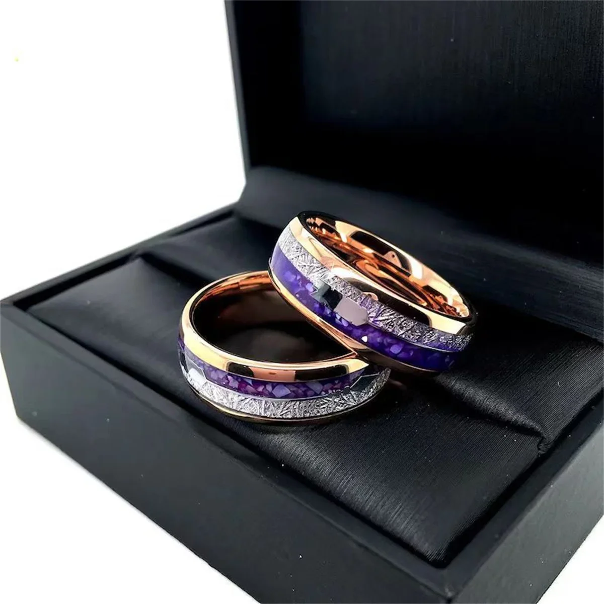 Trendy Rose Gold Color Vintage Imitated Meteorites Inlaid Rings Men Stainless Steel Rings for Men Wedding Band Jewelry Gift
