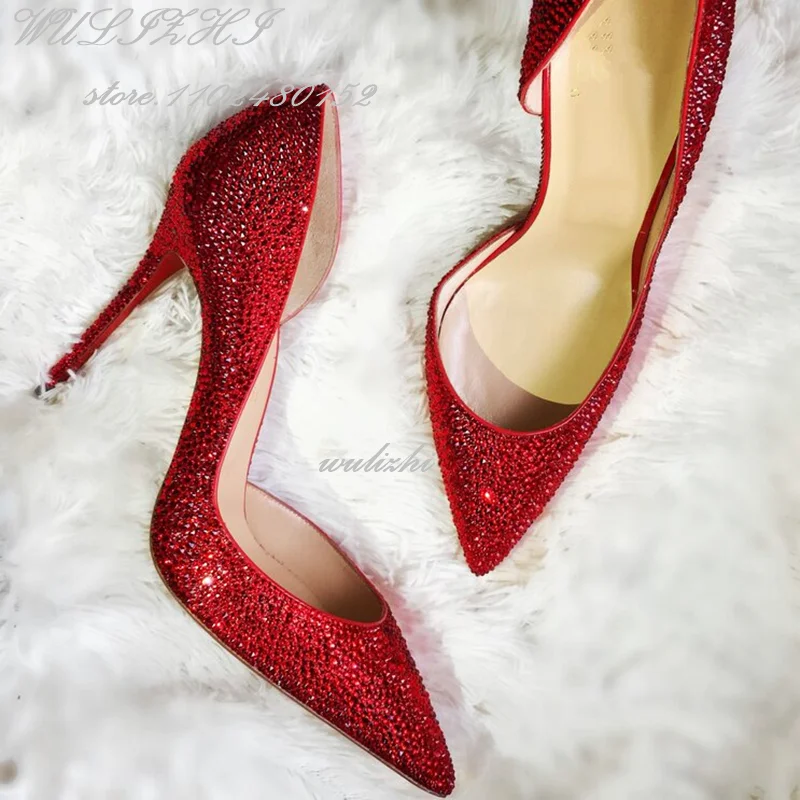 Décolleté rosso pieno di cristalli Donna Lusso Oro Tacchi con diamanti Sandali eleganti Scarpe da festa a punta con lato superficiale Scarpe vuote