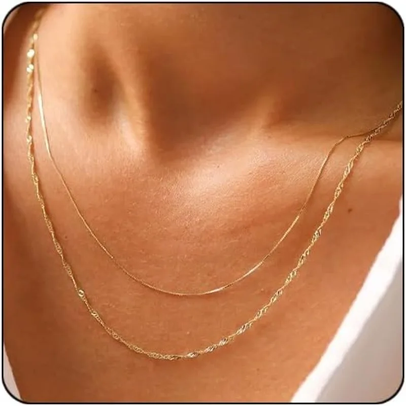 Thin Chain Layered Necklaces For Women Non Tarnish,18k Gold Plated Stainless Steel Dainty Waterproof Necklace Set Gifts Jewelry