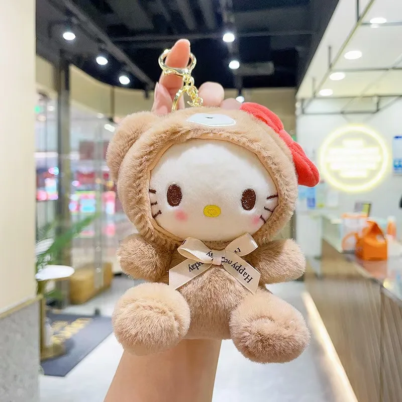 Sanrio Bear Wear Plush Keychain Cinnamoroll Bag Accessories Hello Kitty Stuff Pendant My Melody Plushie For Birthday Gift