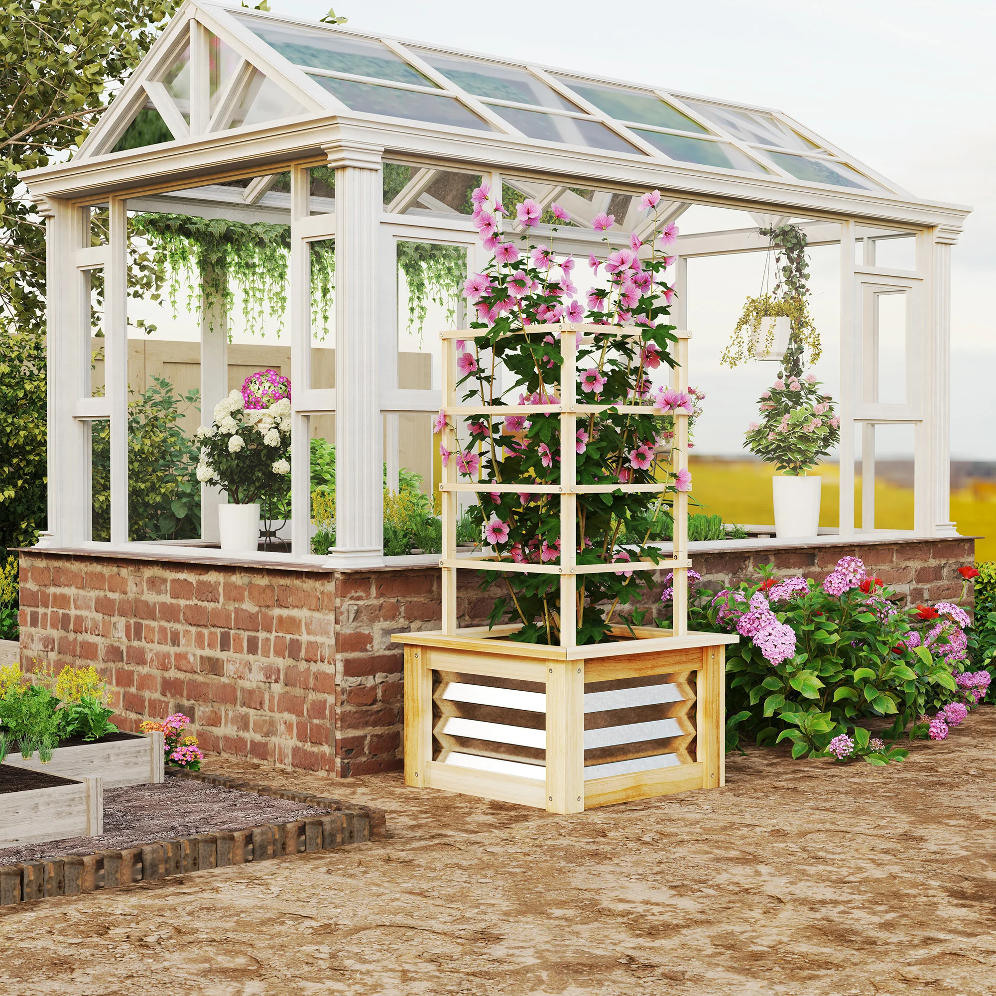 Outdoor Planter with Trellis Wooden Planter Box, Natural Wood