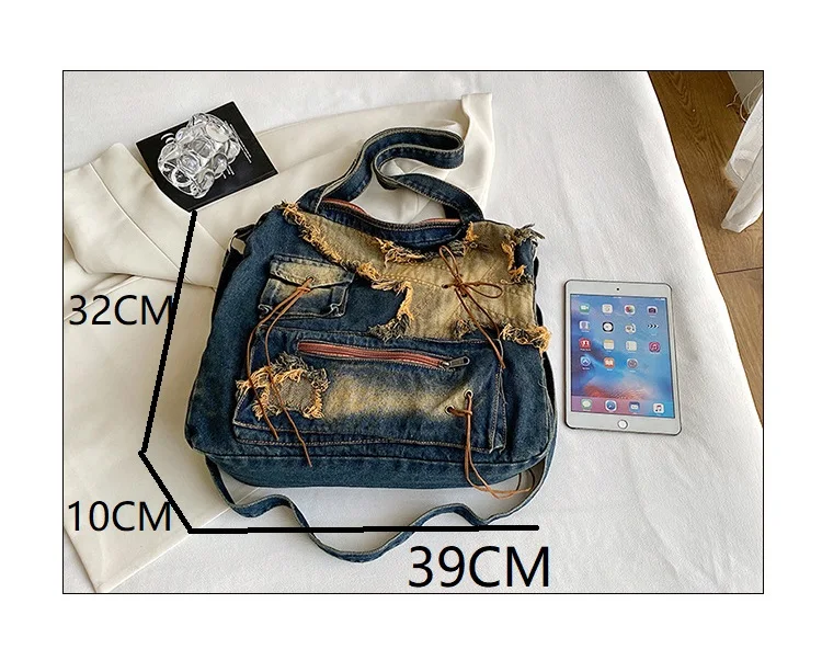 Denim Y2k Womens Shoulder Bag Vintage Washed Distressed Fashion female Messenger bag Large Capacity ladies Handbags Sac totes 가방