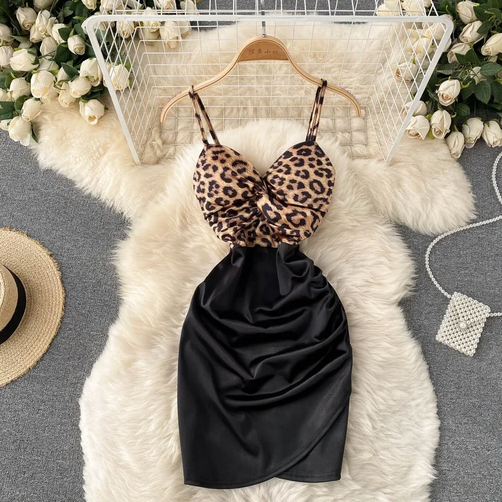 Sweet Memory Chic Leopard Patchwork Slip Dress Sexy Backless Elegant Evening Party Robe Women Vintage Slim Mini Dress