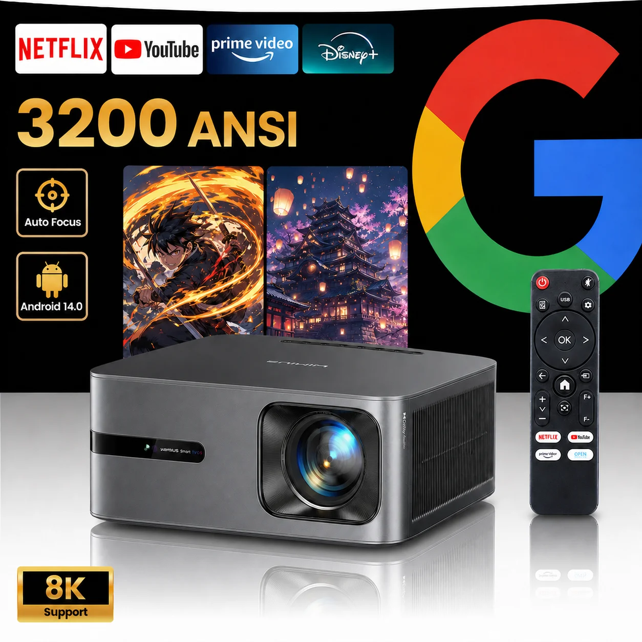 Wimius G2 Projetor 4K 45000LM com Google TV e Foco Automático