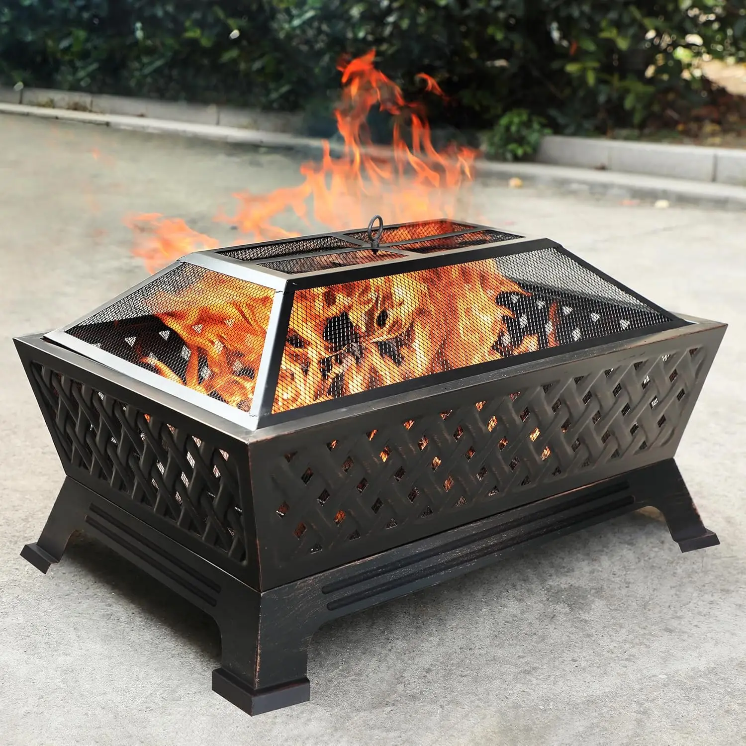 

34" x 26" Firepits for Outside, Rectangular Wood Burning Outdoor Fire Pit with Spark Screen, Poker & Metal Grate